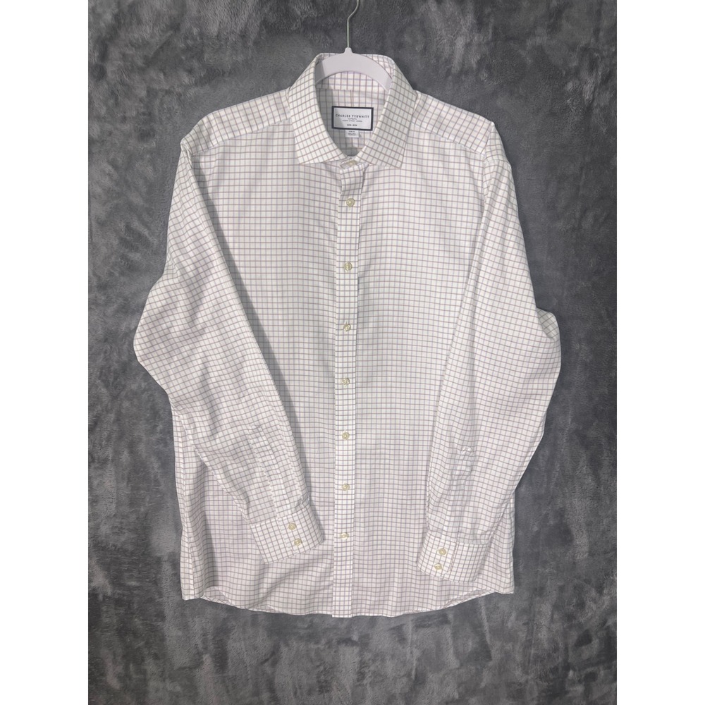 Charles Tyrwhitt Slim Fit Non-Iron Shirt 16.5 35 Tattersall Check White Blue Tan